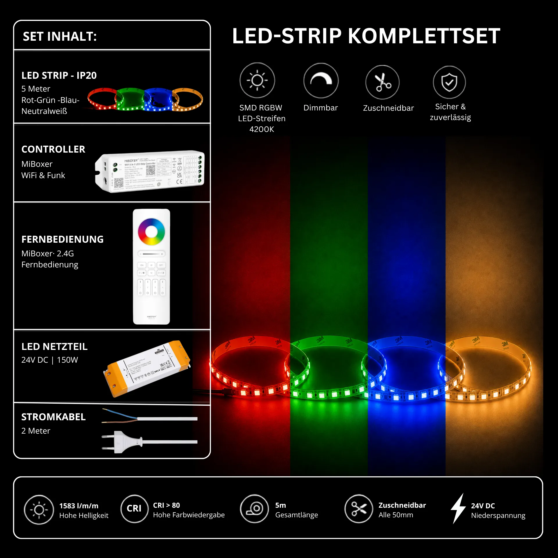 LED Streifen Set RGBW – SMD LED Streifen 24V, 4-in-1, 19,2 W/m, 5m, RGB + Neutralweiß 4200K – SS150 Netzteil, WL5 WiFi Controller & C5 Fernbedienung Weiß