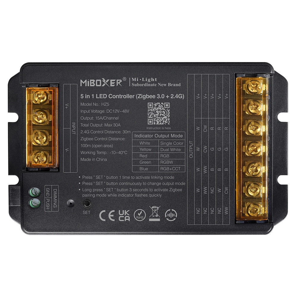 MiBoxer HZ5 5-in-1 LED Controller – RGB, RGBW, RGB+CCT, CCT und einfarbig, 12–48V DC, 30A, Zigbee 3.0 und 2,4 GHz Funk, kompatibel mit Philips Hue und SmartThings, Frontansicht