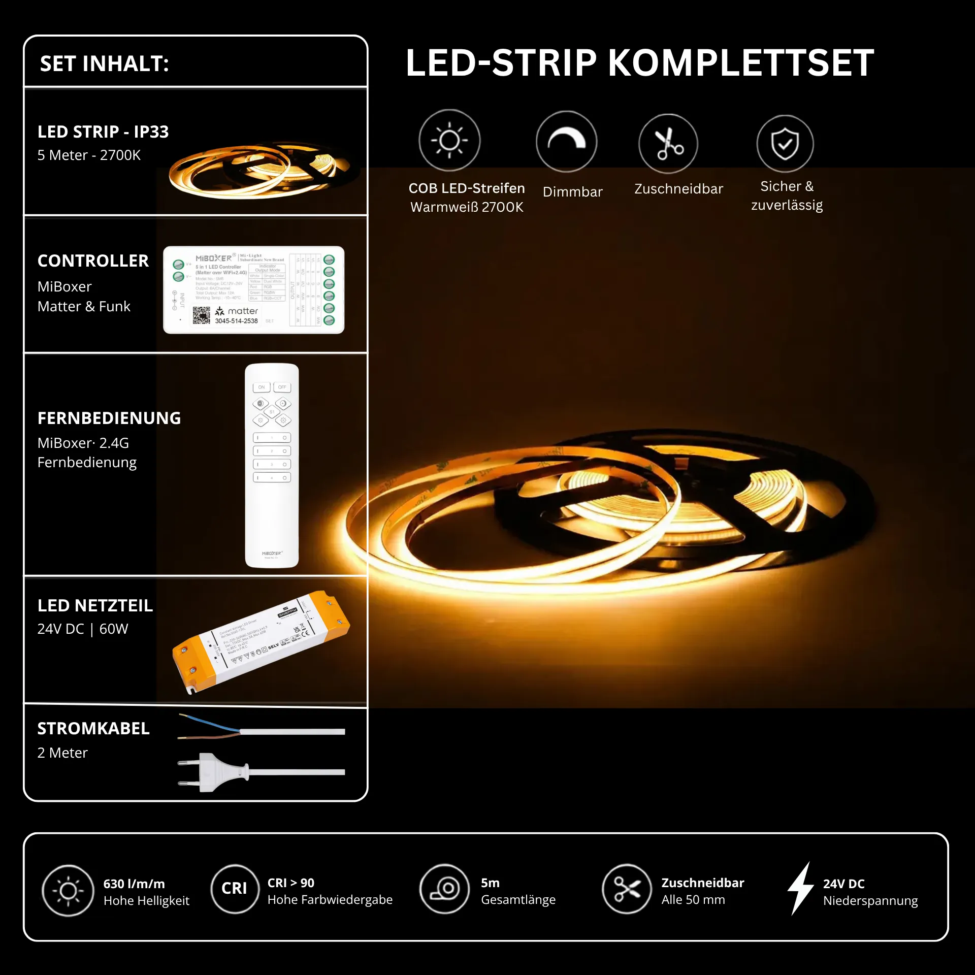 LED Streifen Set Einfarbig COB Schmal – 5 mm COB LED Streifen 24V, punktfrei, 7 W/m, 5m, Warmweiß 2700K, CRI 90 – SS60 Netzteil, SM2 Matter Controller & C1 Fernbedienung Weiß