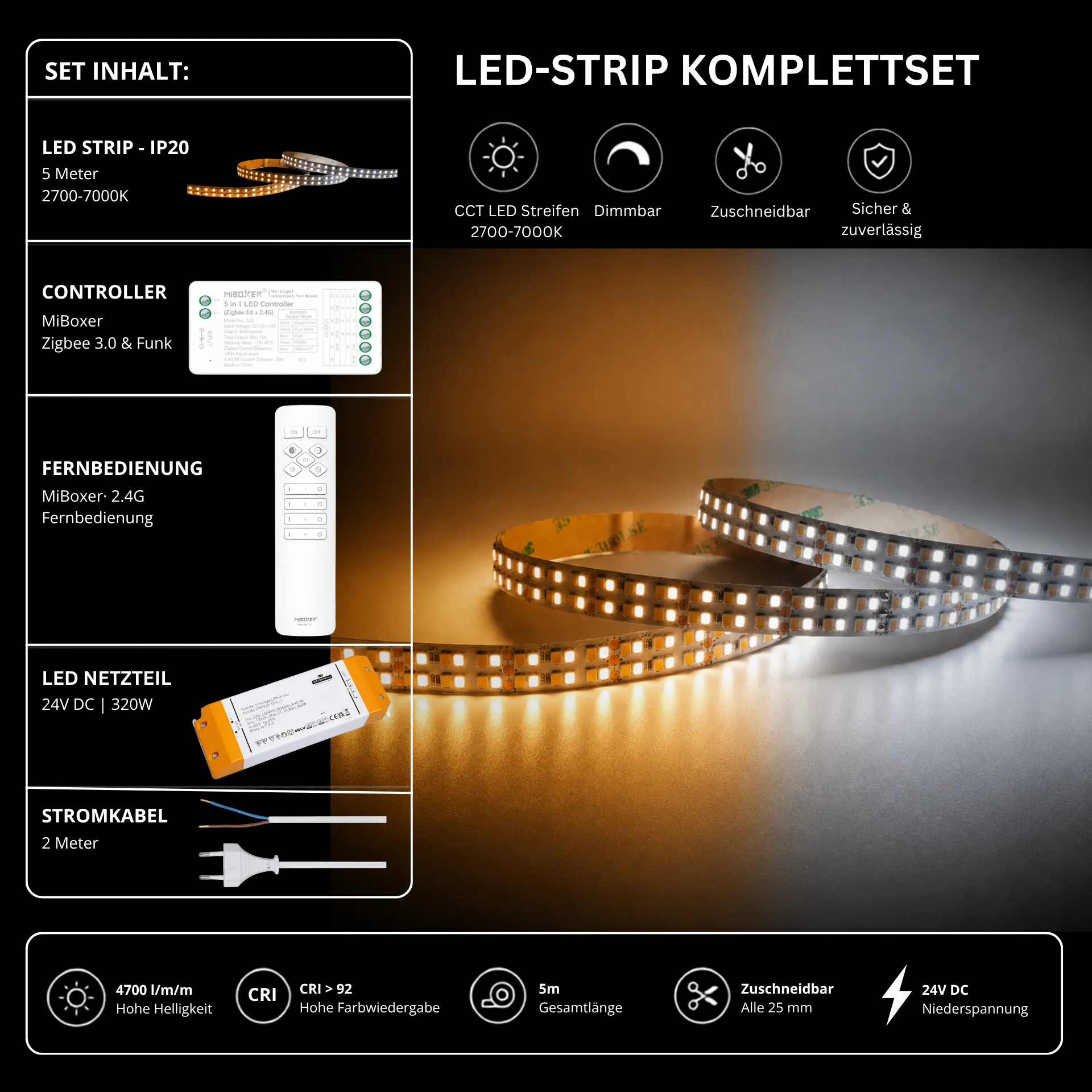 LED Streifen Set CCT High Power – 12 mm CCT LED Streifen 24V, 40 W/m, 4700 lm/m, 5m, 2700K-7000K, CRI 92 – SNP-320 Netzteil, SZ2 Zigbee 3.0 Controller & C1 Fernbedienung Weiß