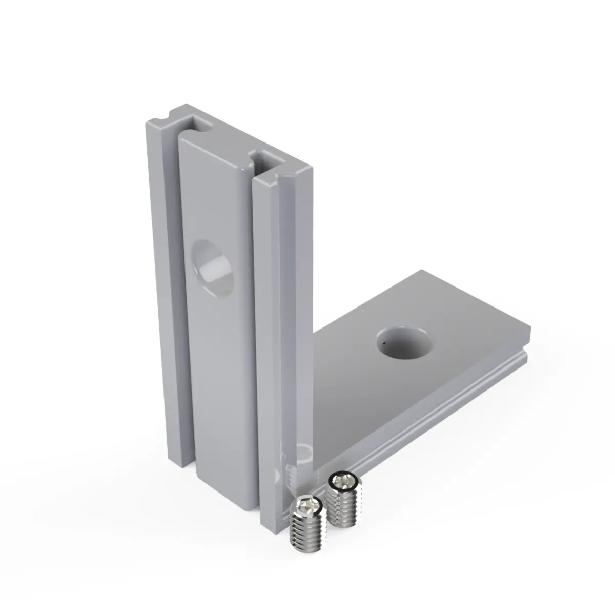 CON-A2 Verbinder 90° Down aus Aluminium in Silber – L-förmiger Winkelverbinder für vertikale Ecken mit beiliegenden Edelstahlschrauben, Ansicht von schräg vorne