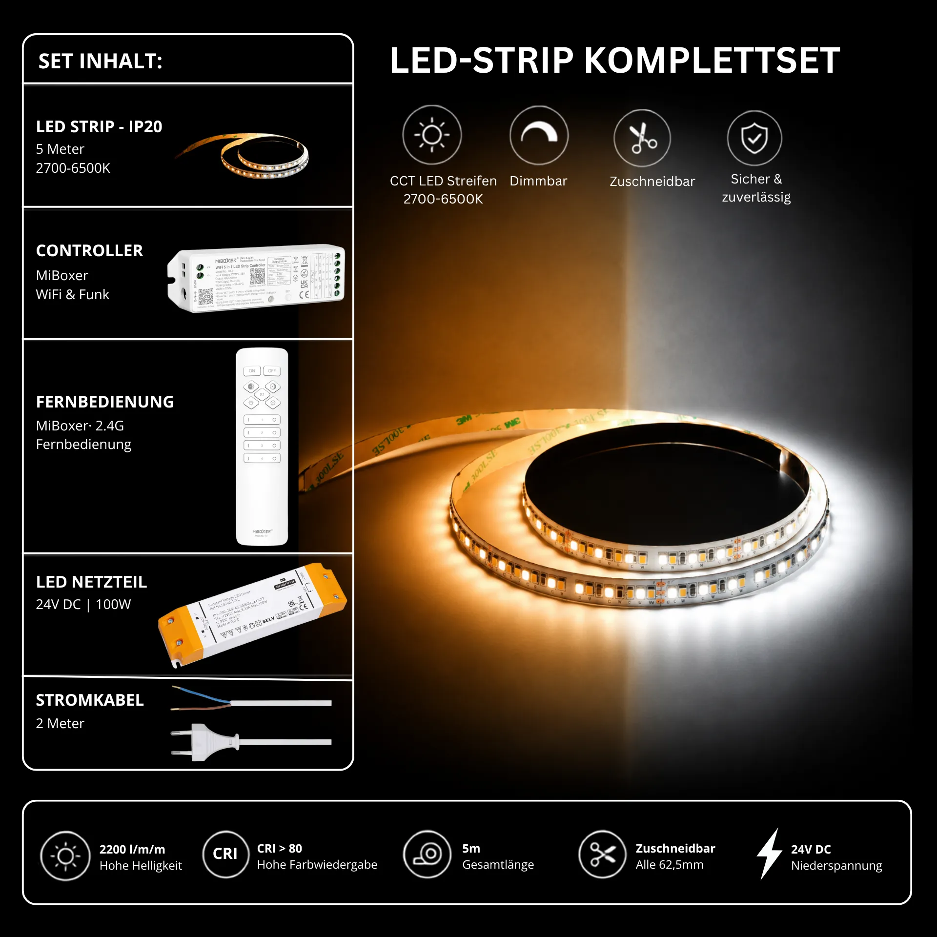 LED Streifen Set CCT IP20 – SMD LED Streifen 24V, 16 W/m, 2200 lm/m, 5m, 2700-6500K – SS100 Netzteil, WL5 WiFi Controller & C1 Fernbedienung Weiß