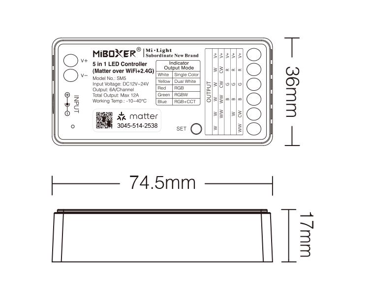 MiBoxer SM5 – Maßzeichnung, Abmessungen 17x36x74,5 mm | SK-LED MiBoxer SM5 LED Controller Maßzeichnung – Abmessungen 17x36x74,5 mm, technische Zeichnung mit Bemaßung aller Seiten