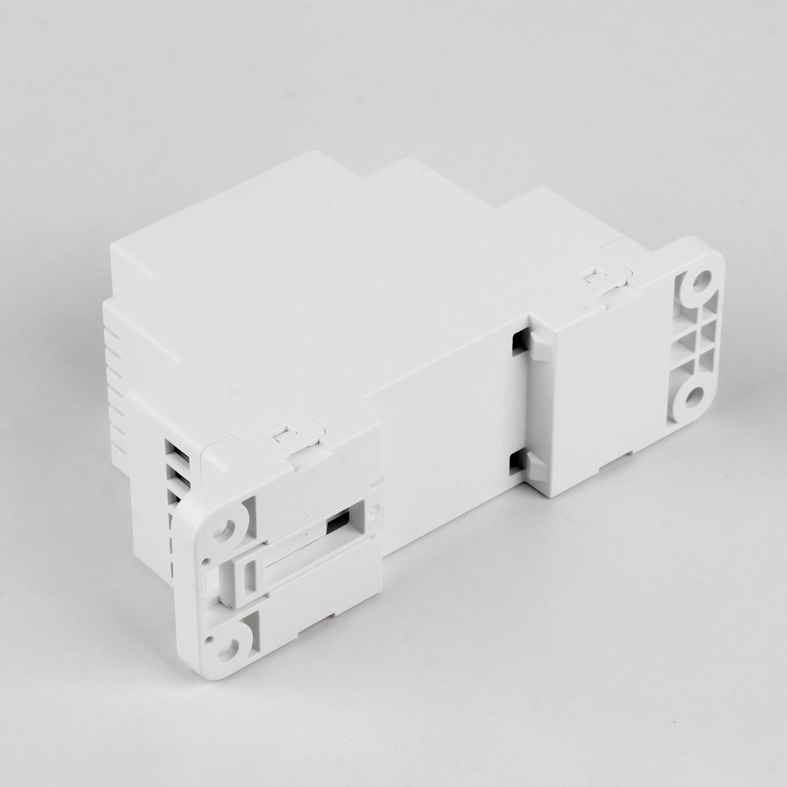 MiBoxer DL2-T – Hutschienenclip auf der Rückseite Rückseite des MiBoxer DL2-T mit Befestigungsclip für die 35 mm Hutschiene und Schraublöchern zur Wandmontage