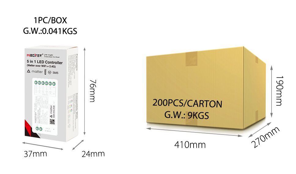 MiBoxer SM5 5in1 LED Controller Matter 2.4GHz mit Verpackung und Maßangaben für RGB CCT LED Streifen Steuerung 12-24V