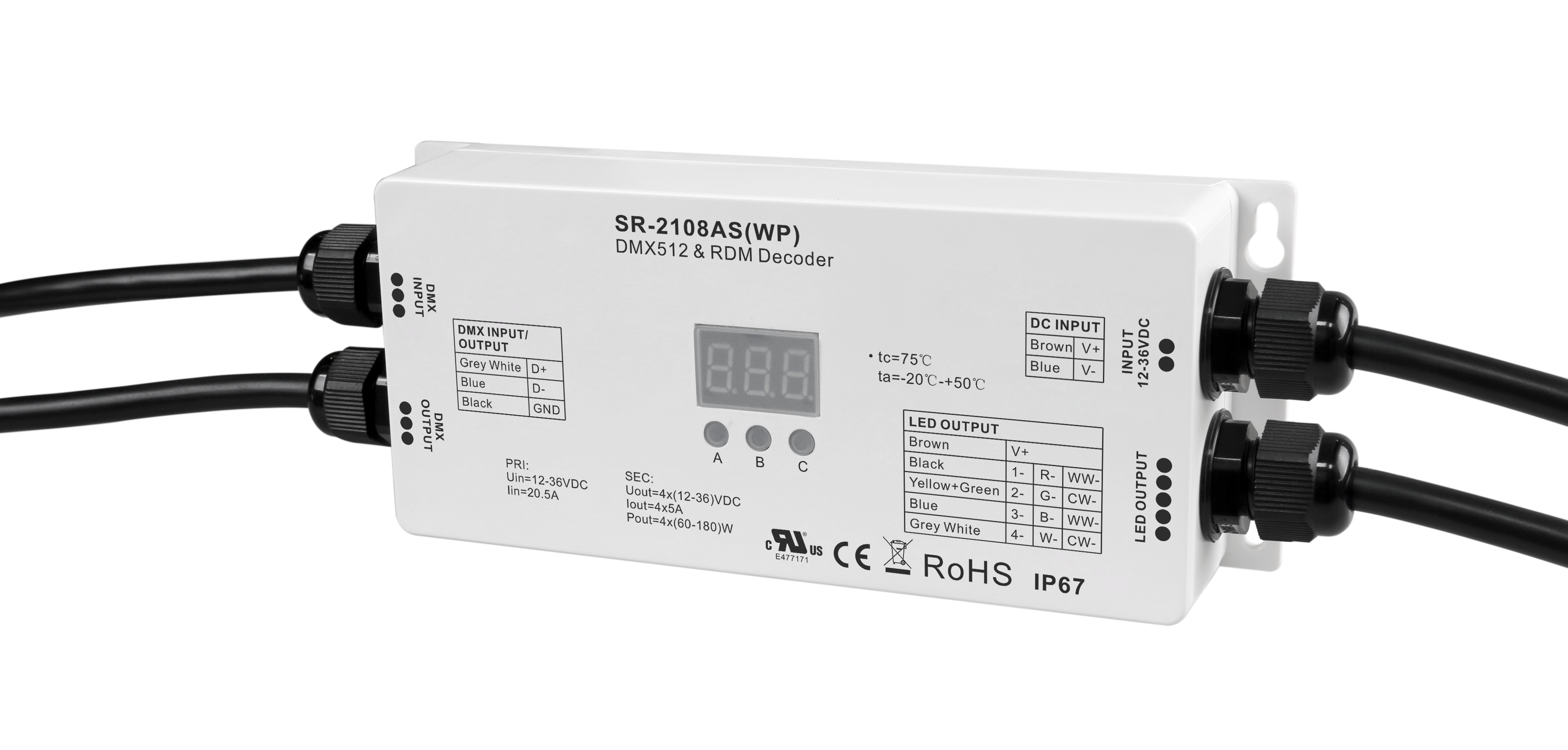 SR-2108AS(WP) DMX512 LED Controller – 4-Kanal, 5A/Kanal, 12–36 V, IP67 wasserdicht, RDM, PWM einstellbar