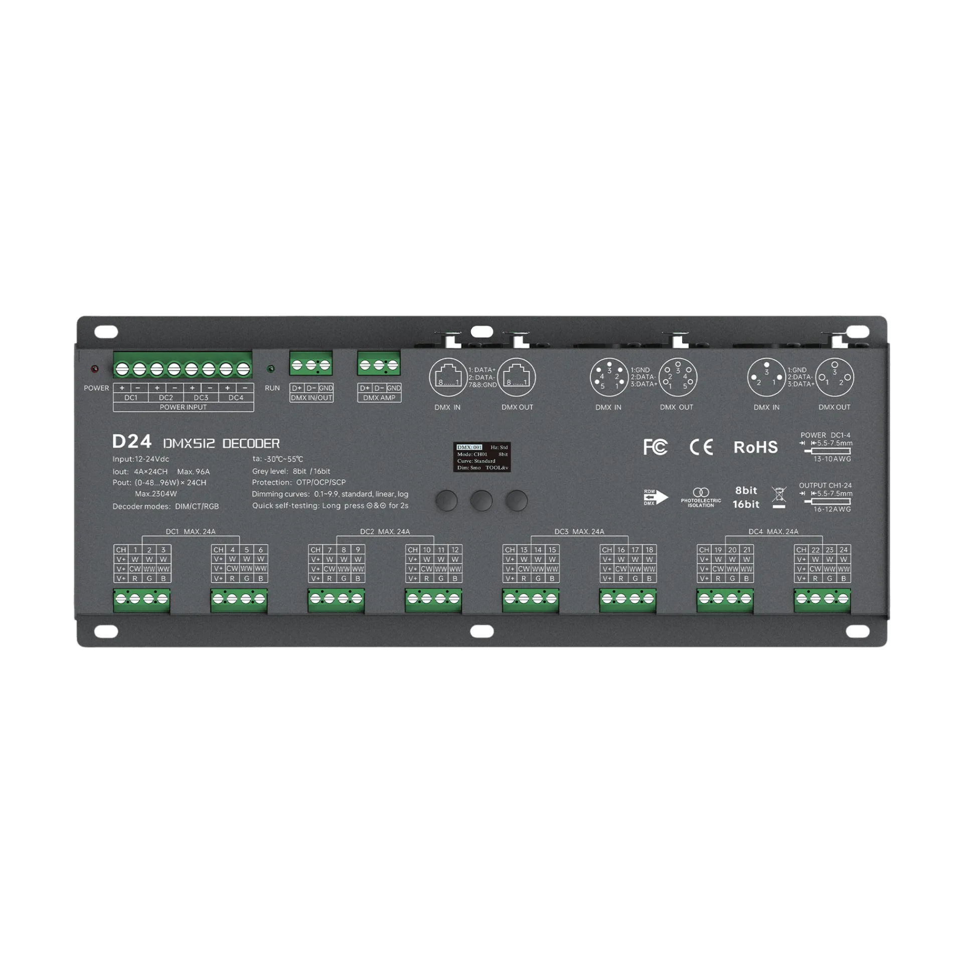 LTECH D24 DMX512/RDM LED Controller 24-Kanal 3A, 12-24V DC, mit OLED Display, Konstantspannung