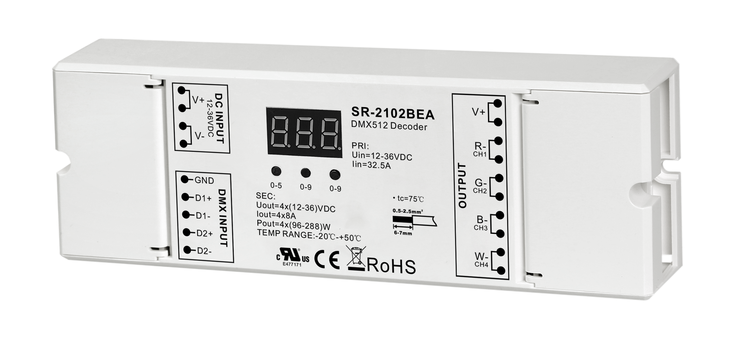 SR-2102BEA 4-Kanal DMX512 & RDM Controller 12-48V DC 8A/Kanal max. 32A für RGBW LED Streifen