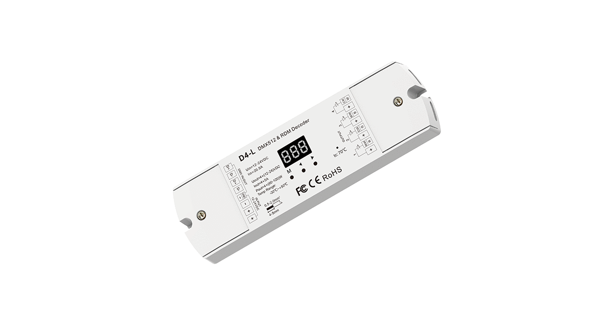D4-L 4-Kanal DMX512 & RDM Controllers – RGBW-LED-Treiber für 12–24 V DC, 5 A/Kanal, max. 20 A gesamt. Ideal zur Steuerung professioneller RGBW-LED-Streifen – SK-LED