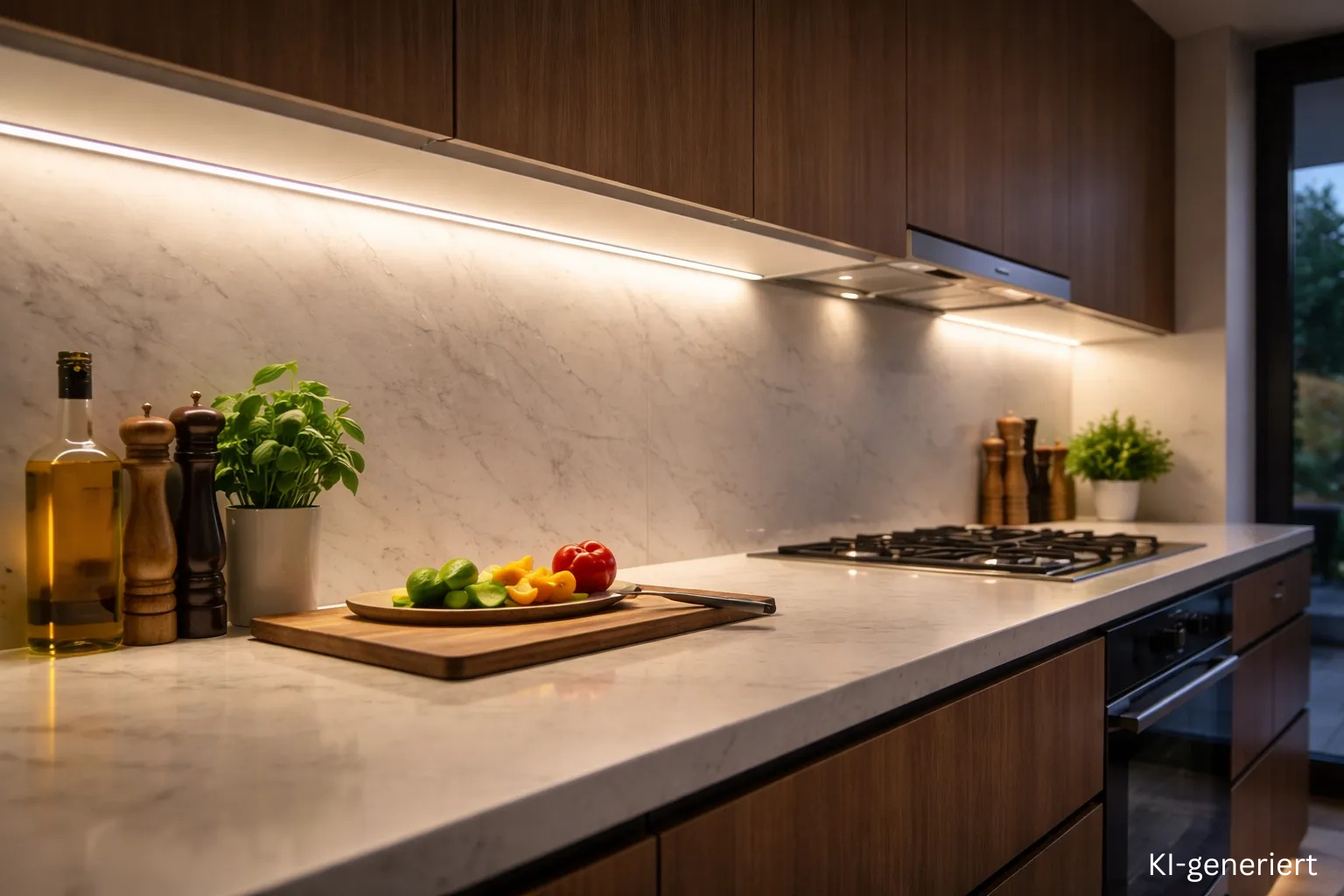 Arbeitsplattenbeleuchtung in der Küche mit LED Streifen für gleichmäßiges und schattenfreies Licht unter Hängeschränken