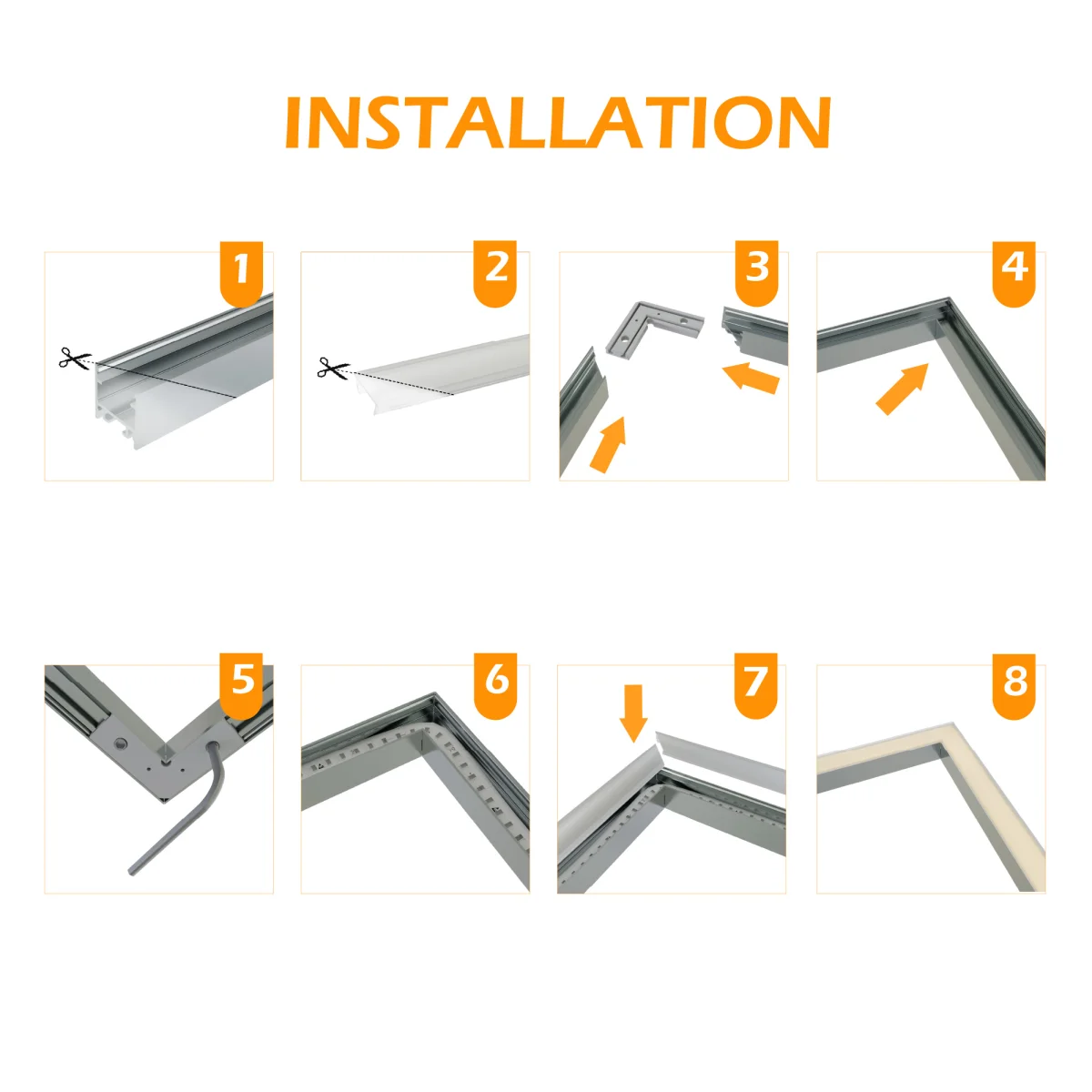 CON-A2 Verbinder 90° Installationsanleitung – 8-schrittige Montageanleitung für LED-Aluminiumprofil Eckverbinder: Zuschneiden, Verbinder einsetzen, LED-Streifen verlegen und Diffusor einclipsen