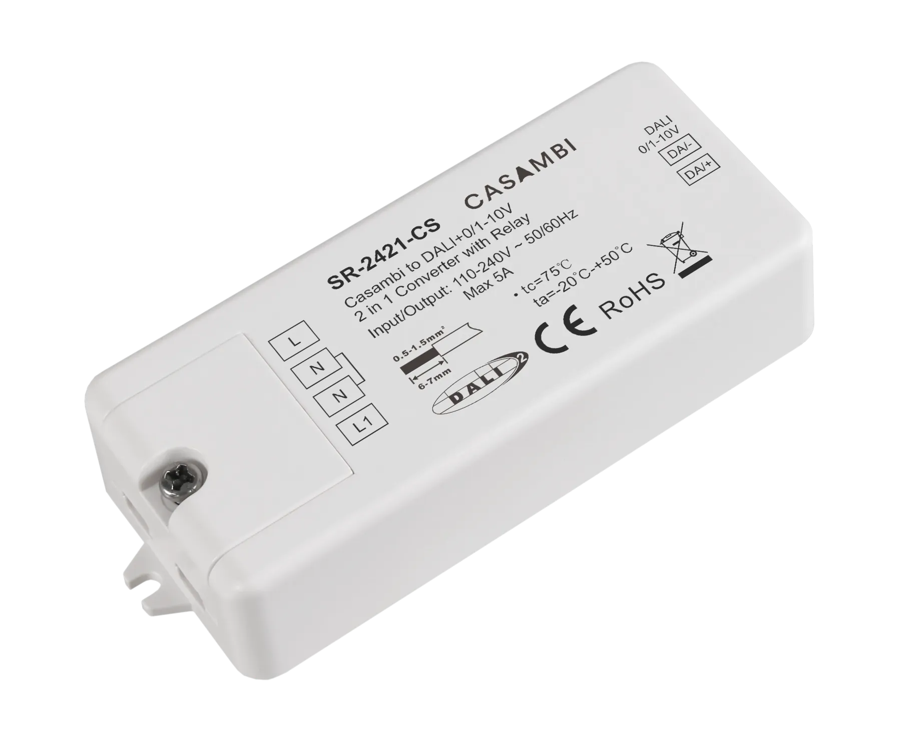 Casambi DALI Gateway SR-2421-CS Perspektive Casambi to DALI 0-10V Converter SR-2421-CS perspektivische Ansicht