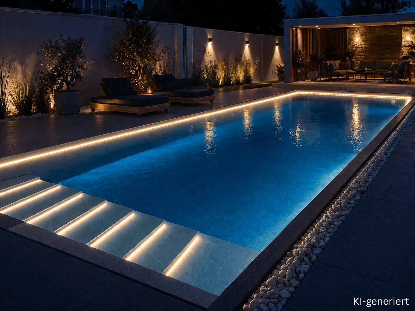 Pooltreppe mit LED Streifen als Stufenbeleuchtung am Außenpool