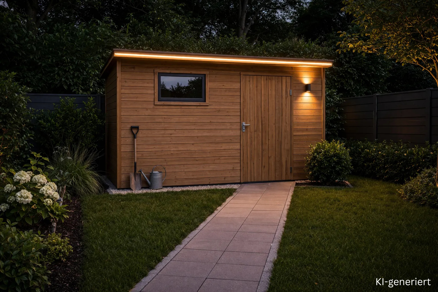 Gartenhaus Beleuchtung mit LED Streifen indirekt unter dem Dach für warmweißes Licht im Außenbereich