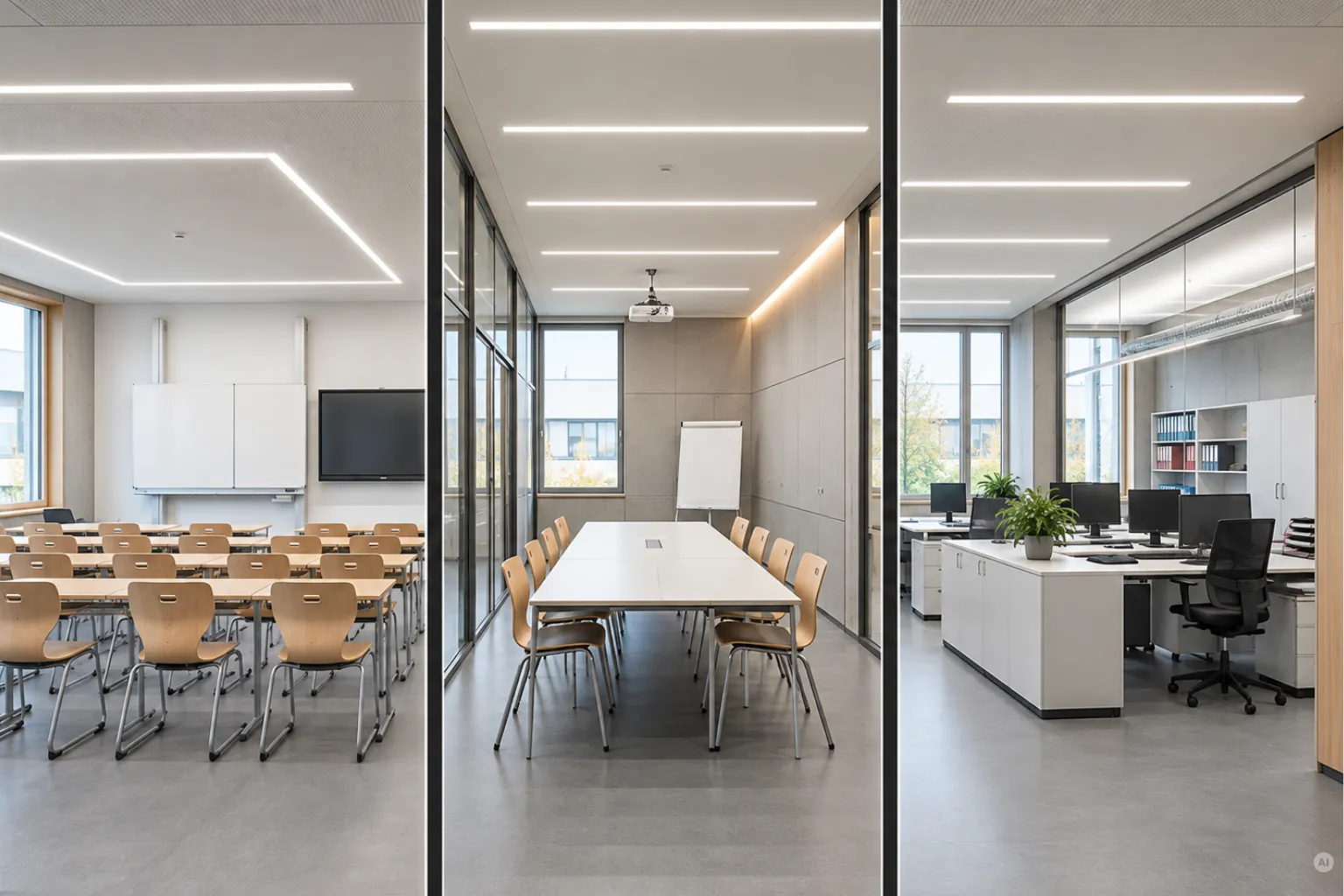 Dreiteilige Ansicht moderner Räumlichkeiten: Ein Schulungsraum mit Holzstühlen und Smartboard, ein Konferenzraum mit langem Besprechungstisch und Beamer sowie ein Großraumbüro mit Computerausstattung und Glaswänden.