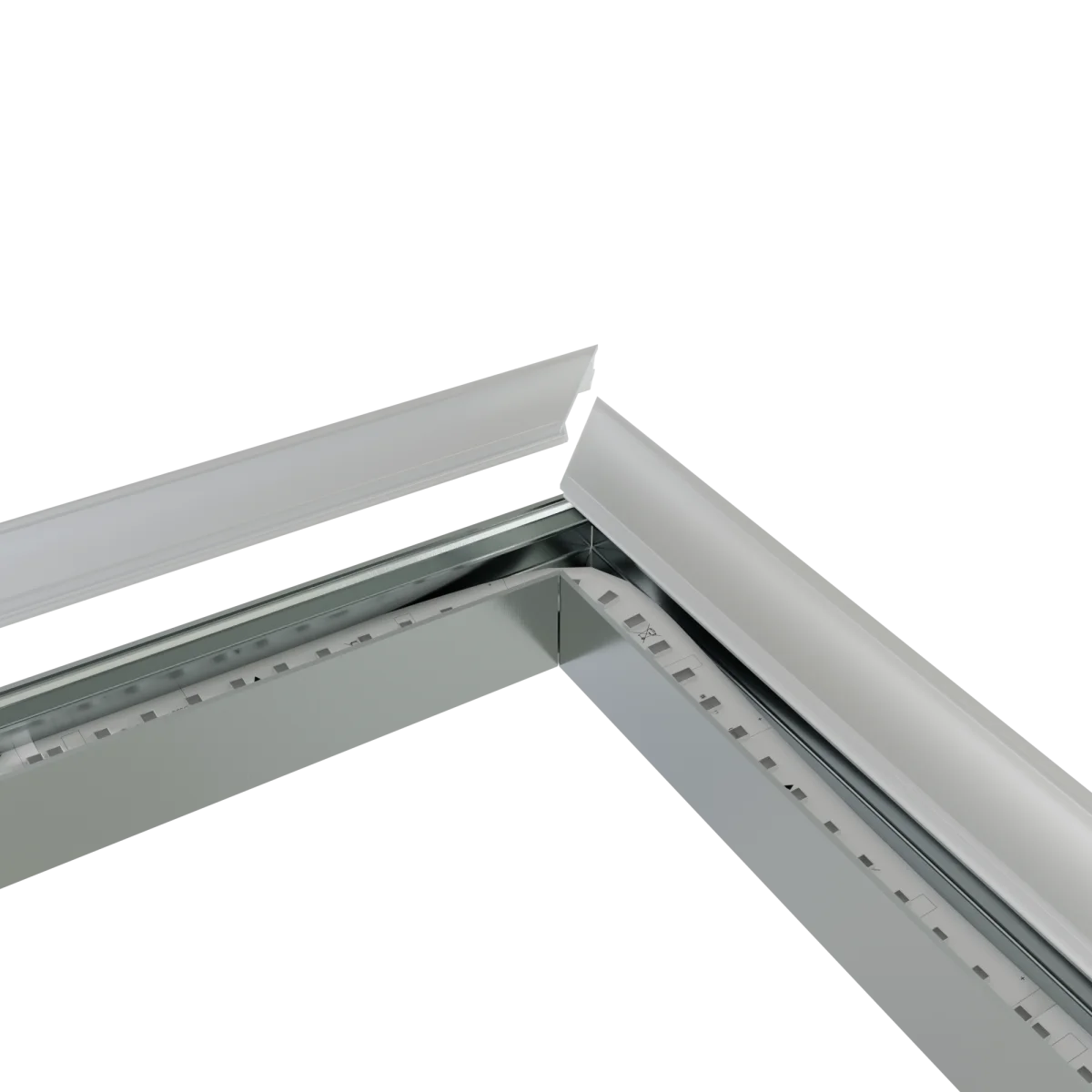 CON-A2 Verbinder 90° – Nahaufnahme der Eckverbindung mit eingelegtem LED-Streifen und schwebend dargestelltem Diffusor kurz vor dem Einclipsen, Ansicht von schräg oben