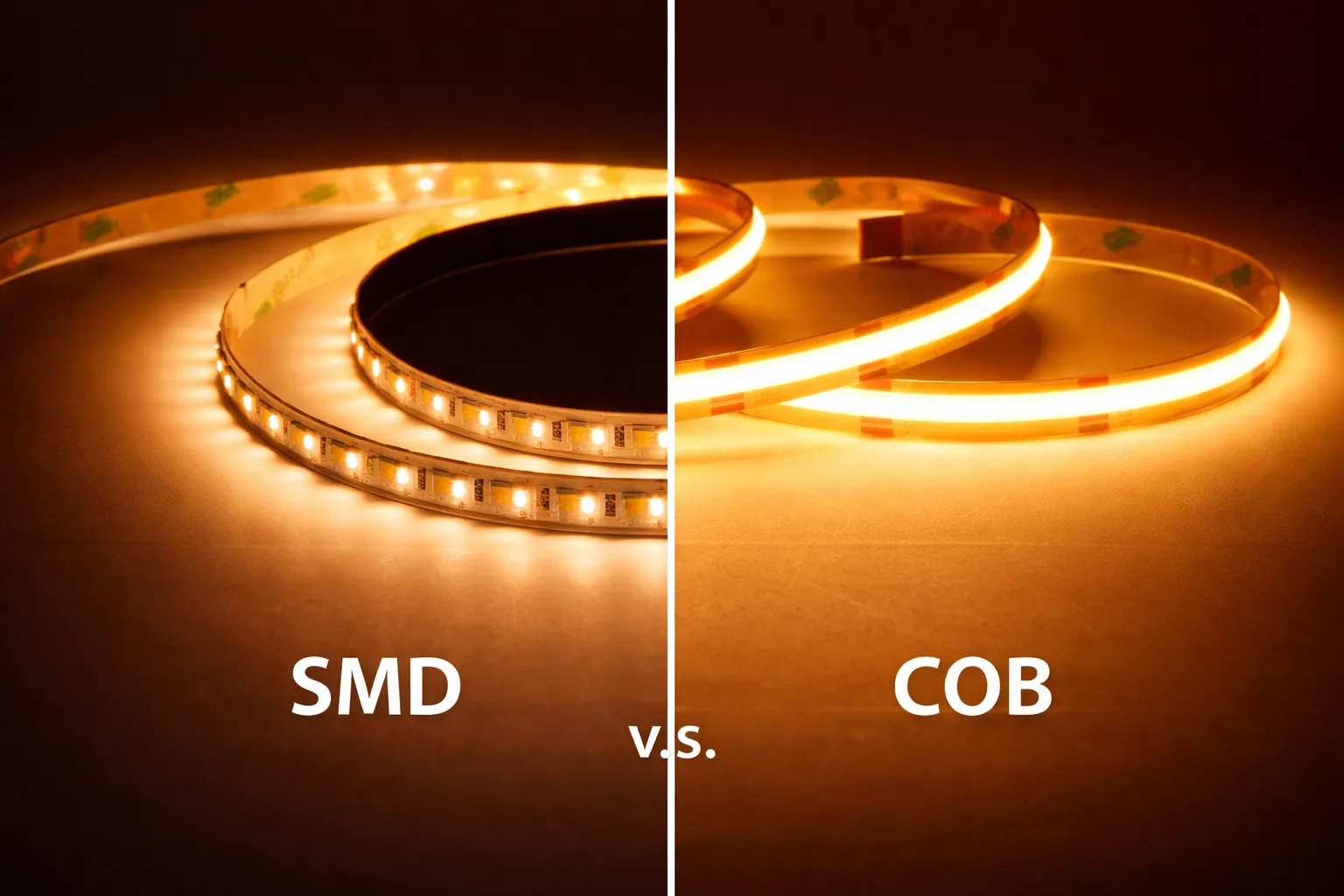 SMD vs COB LED Streifen Vergleich homogenes Licht vs sichtbare Lichtpunkte fuer die richtige Auswahl im Projekt SMD vs COB LED Streifen im Vergleich mit punktuellem und homogenem Lichtbild fuer indirekte Beleuchtung und Lichtplanung