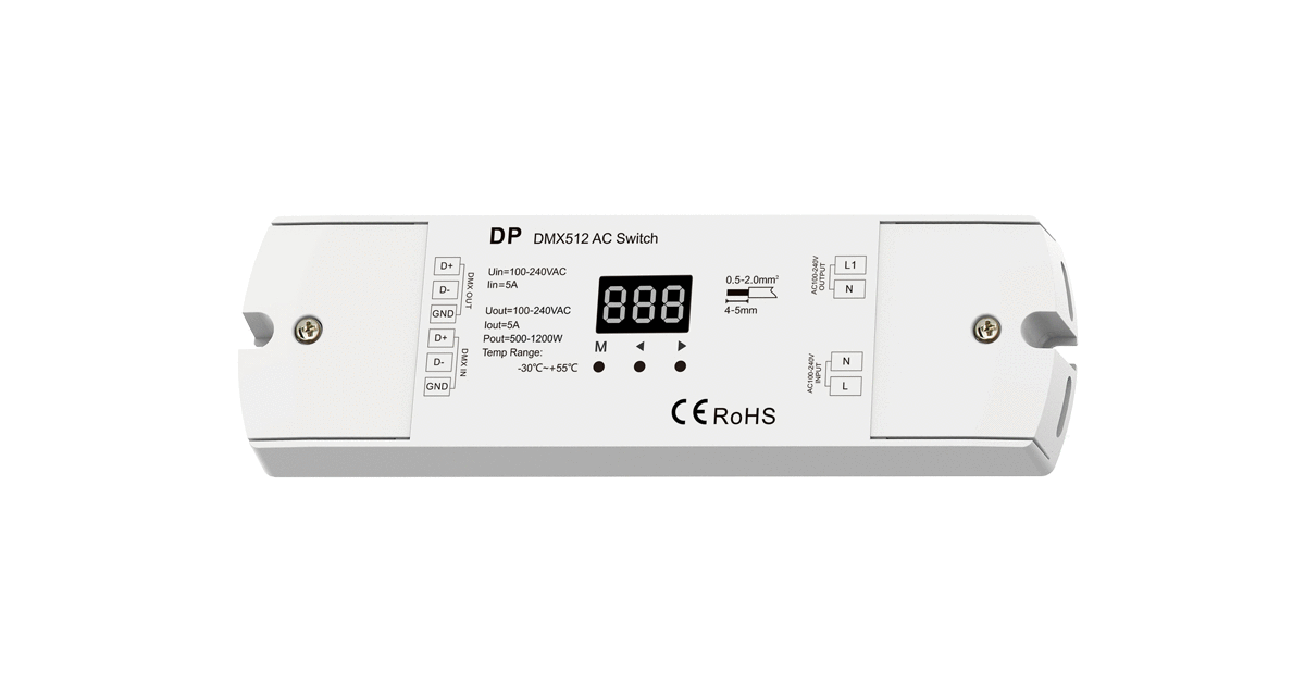 DP DMX512 AC-Schalter/ Relaismodul – 1-Kanal, 230 V, 5 A für LED & Geräte