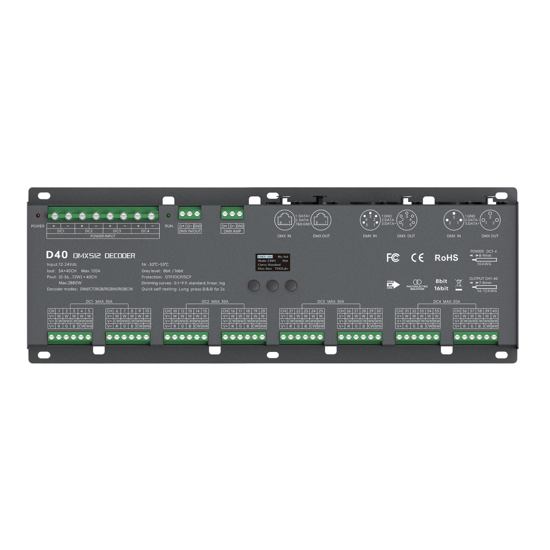 LTECH D40 DMX512/RDM LED Controller 40-Kanal 3A, 12-24V DC, mit OLED Display, Konstantspannung