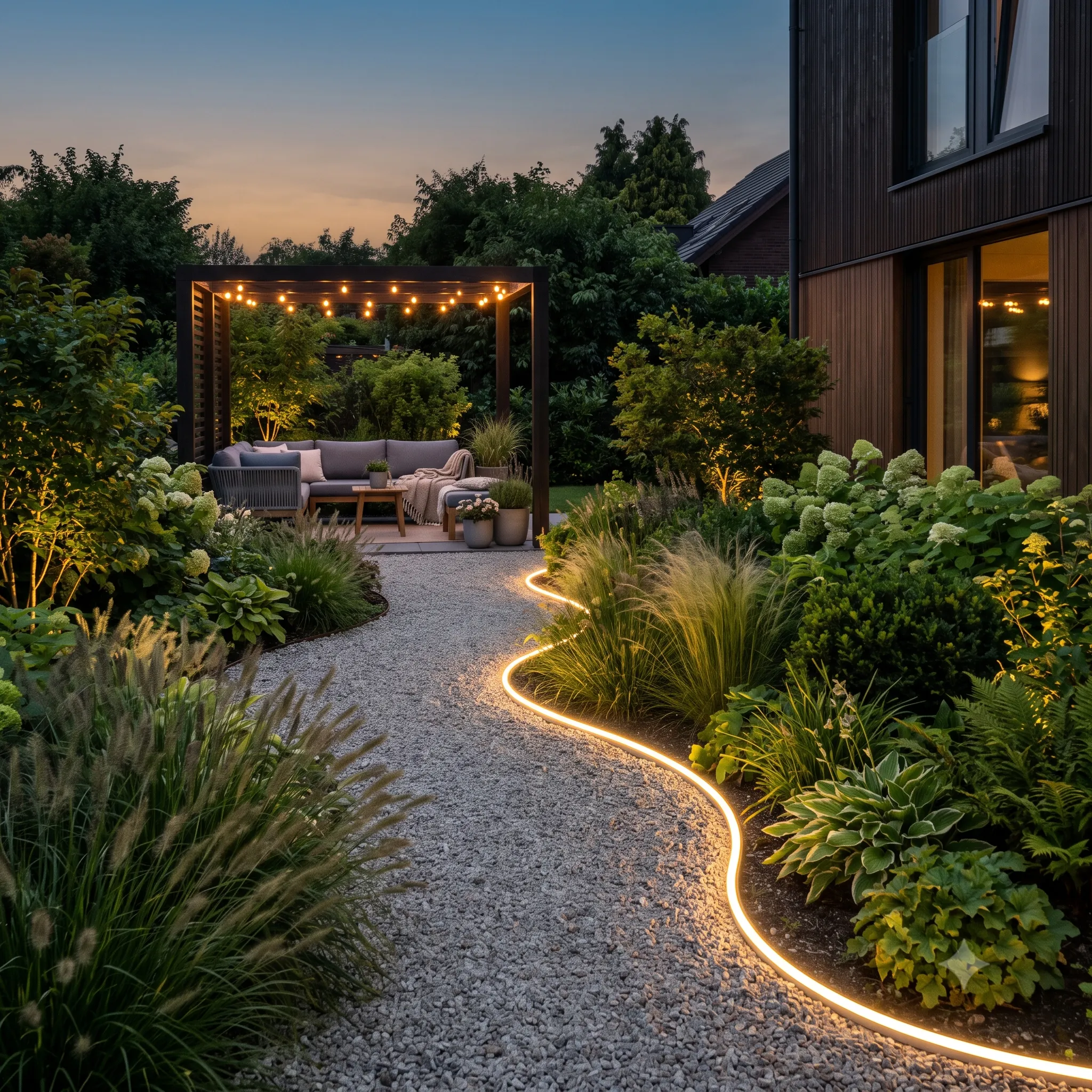 Ein wellenförmig geschwungener Kiesweg im Garten bei Abenddämmerung, akzentuiert durch ein flexibles, warmweißes LED-Lichtband entlang eines üppigen Pflanzenbeets.