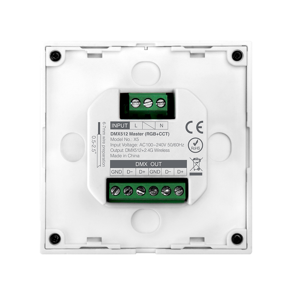 MiBoxer X5 DMX512 – Rückseite & Anschlussklemmen des LED Wandpanels Rückseite MiBoxer X5 DMX512 LED Wandpanel – Klemmen für L, N, DMX IN/OUT, 230V Anschluss, Installationsansicht für RGB+CCT LED Steuerung