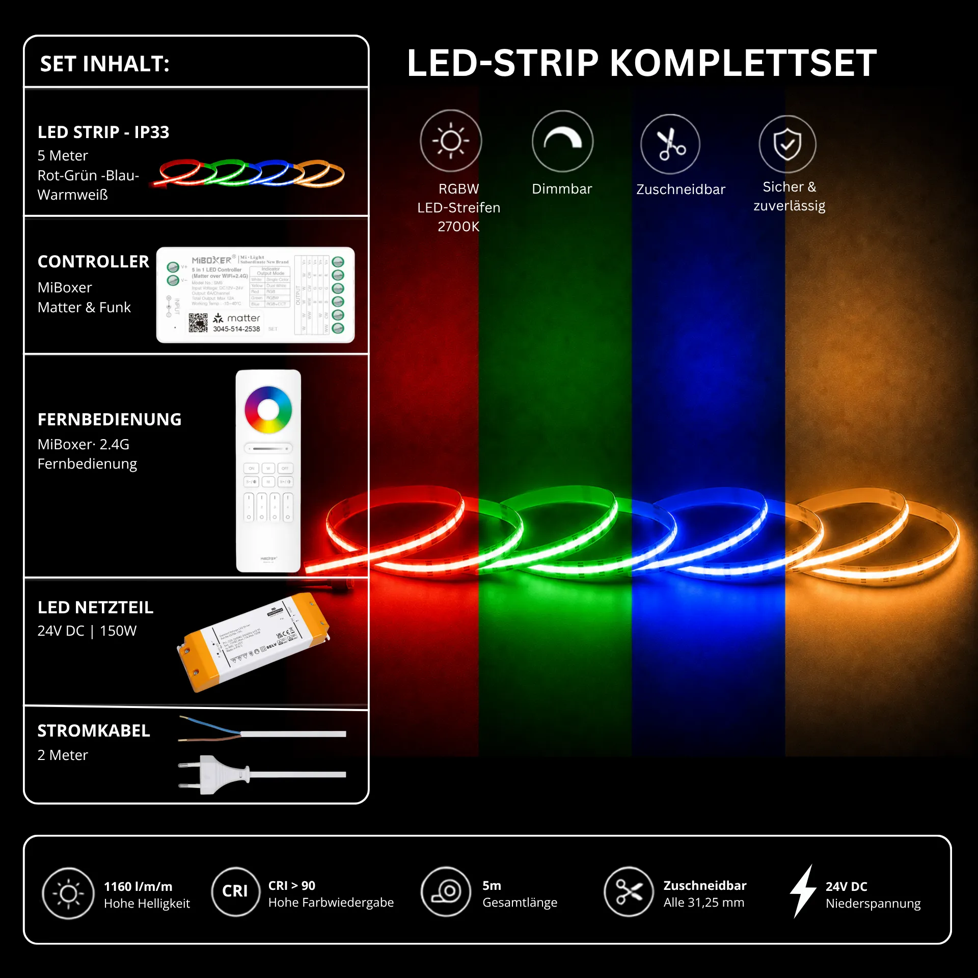 LED Streifen Set RGBW – COB LED Streifen 24V, punktfrei, 20 W/m, 5m, RGB + Warmweiß 2700K, CRI 90, IP33 – SS150 Netzteil, SM5 Matter Controller & C5 Fernbedienung Weiß