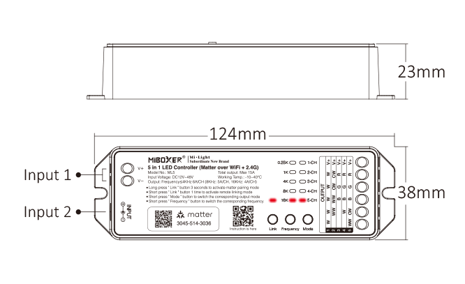 MiBoxer ML5 Matter LED Controller Anschlussseite – Schraubklemmen für Eingang 12–24V und Ausgang 5-Kanal RGB, RGBW, RGBCCT, CCT oder einfarbige LED Streifen