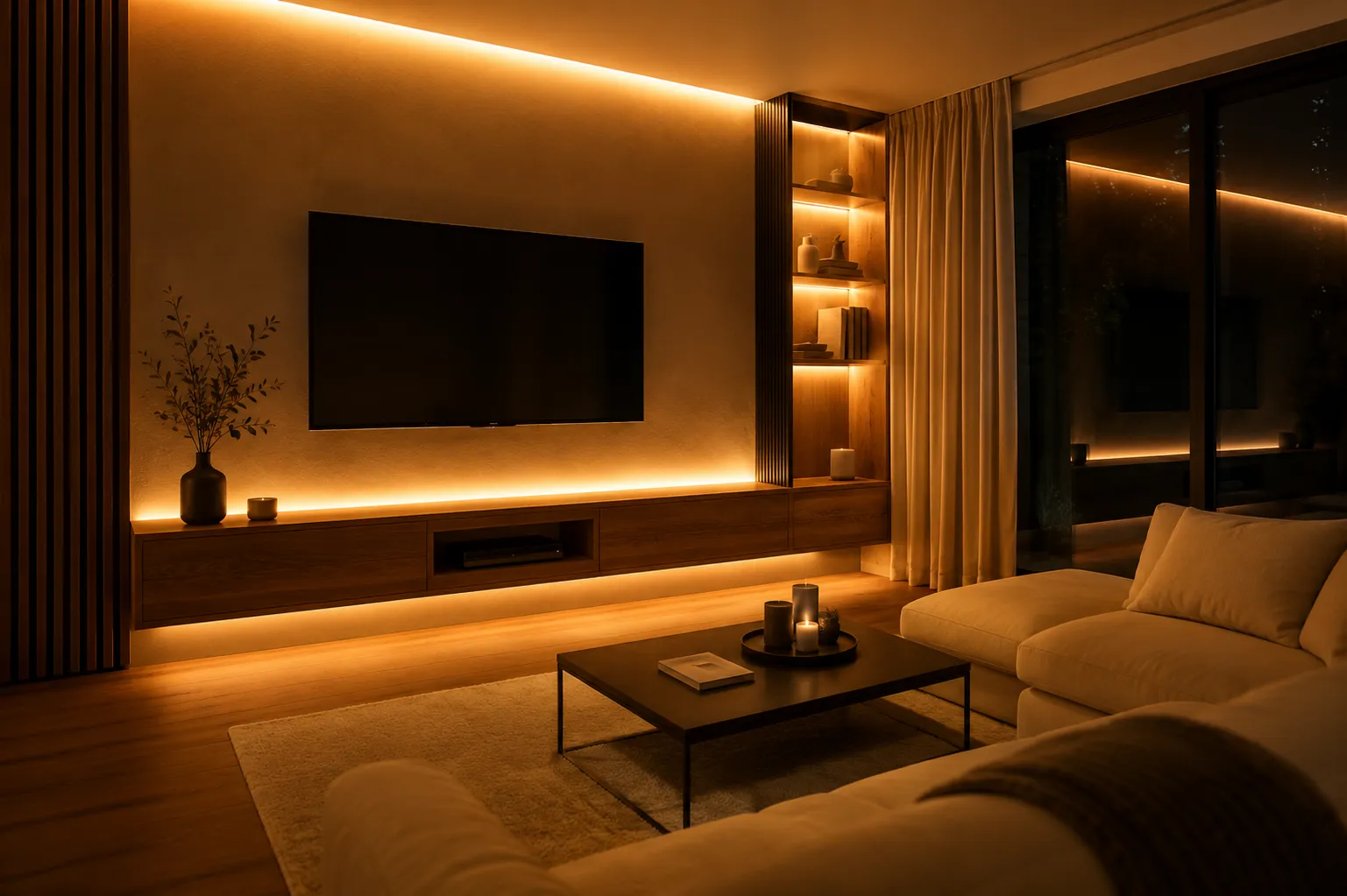 Modernes Wohnzimmer mit indirekter LED-Beleuchtung in Warmweiß 3000K. Gleichmäßige Lichtlinie mit LED-Streifen für stimmungsvolle Wohnraumbeleuchtung ohne sichtbare LED-Punkte.