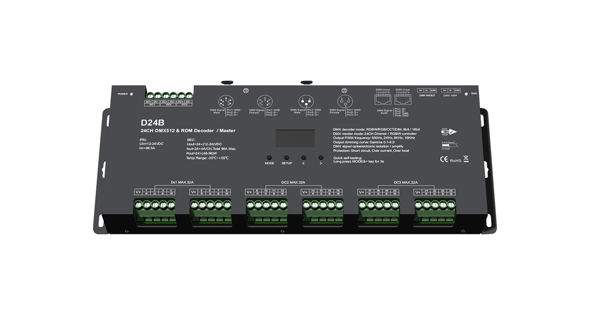 D24B 24-Kanal DMX512 & RDM Decoder/Master – RGBW/RGB/CCT Dimmer, DC 12-24V, 96A D24B 24-Kanal DMX512 & RDM Decoder/Master – schwarzes 19-Zoll-Rack-Gerät mit XLR-Anschlüssen, RJ45, 24 Ausgangskanälen (3x DC MAX.32A), Display und MODE/SETUP-Tasten, DC 12-24V, 96A gesamt