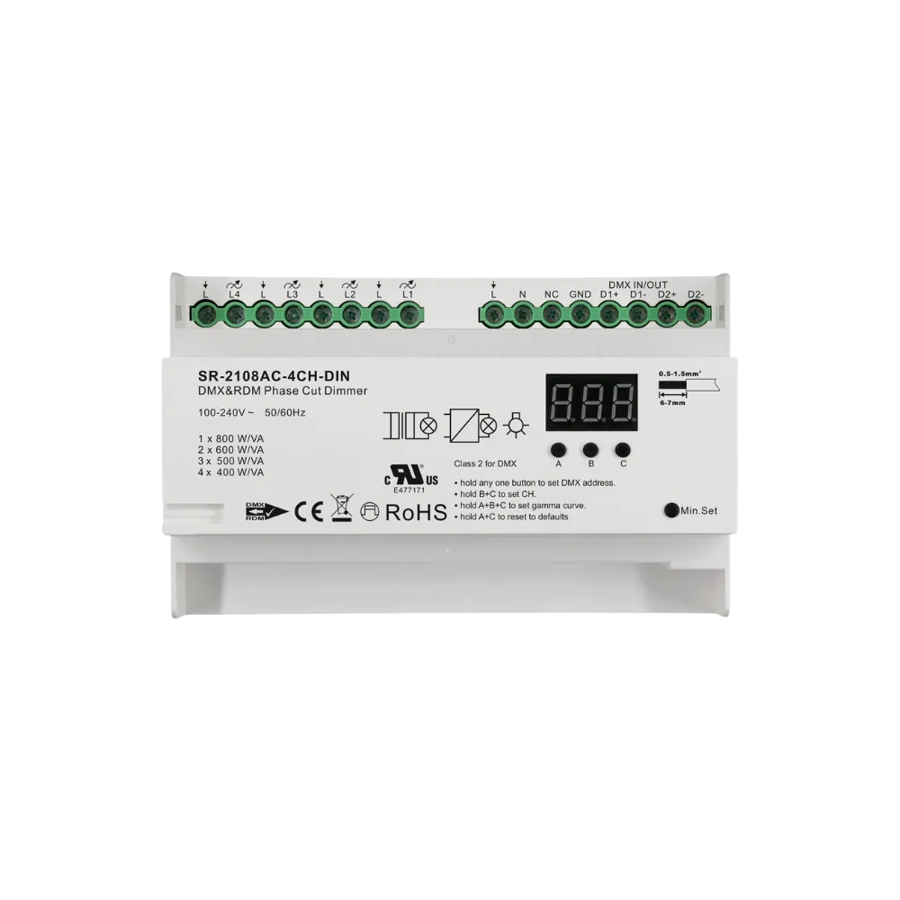 DMX RDM Dimmer für Hutschienenmontage DMX RDM Dimmer für Hutschiene zur Steuerung von Beleuchtung freigestellt