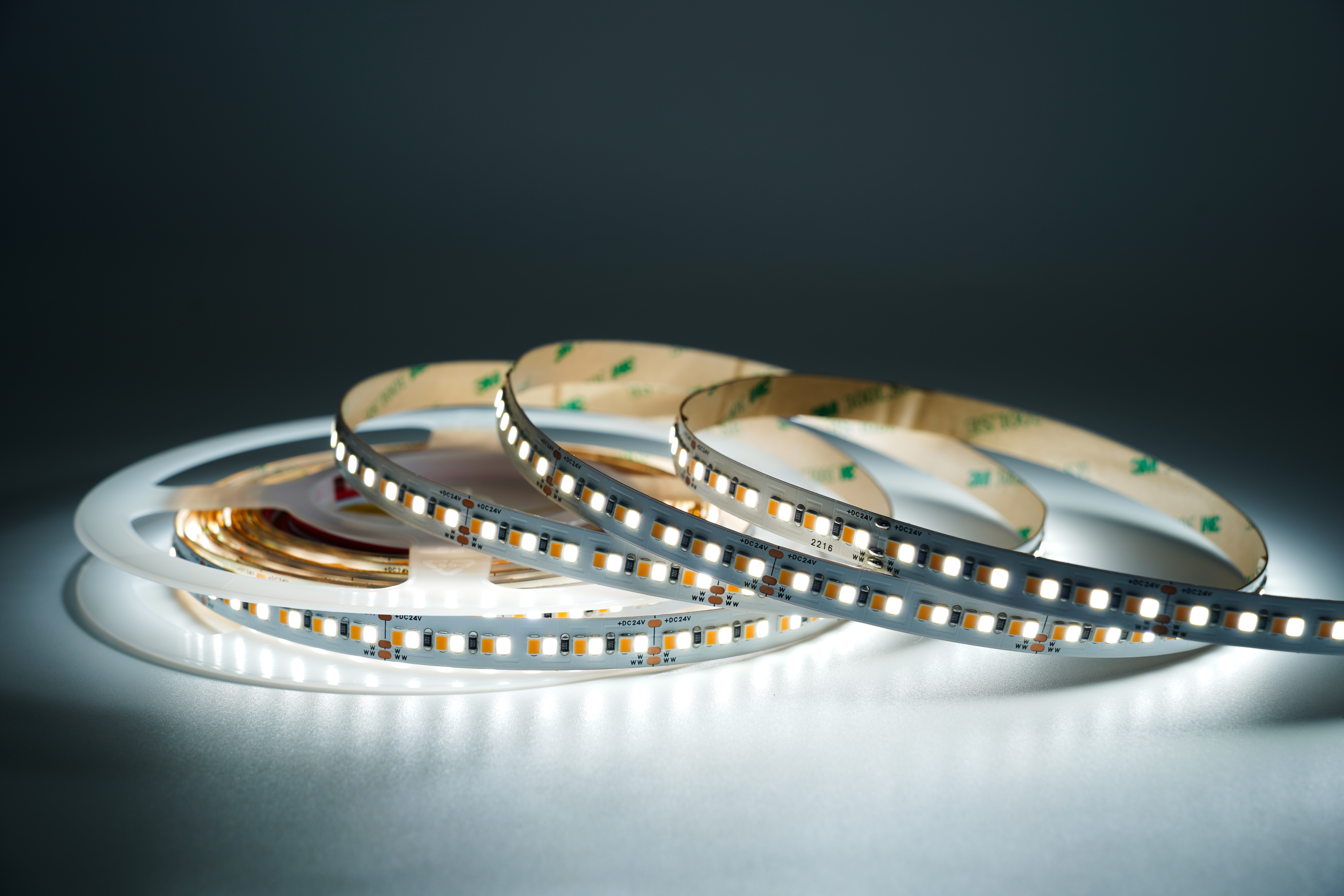 24V CCT LED Streifen mit 240 LEDs pro Meter in kaltweißer Einstellung – hoher CRI95, sehr klare Lichtwiedergabe und flexible Tunable-White Steuerung für Arbeits- und Akzentbeleuchtung