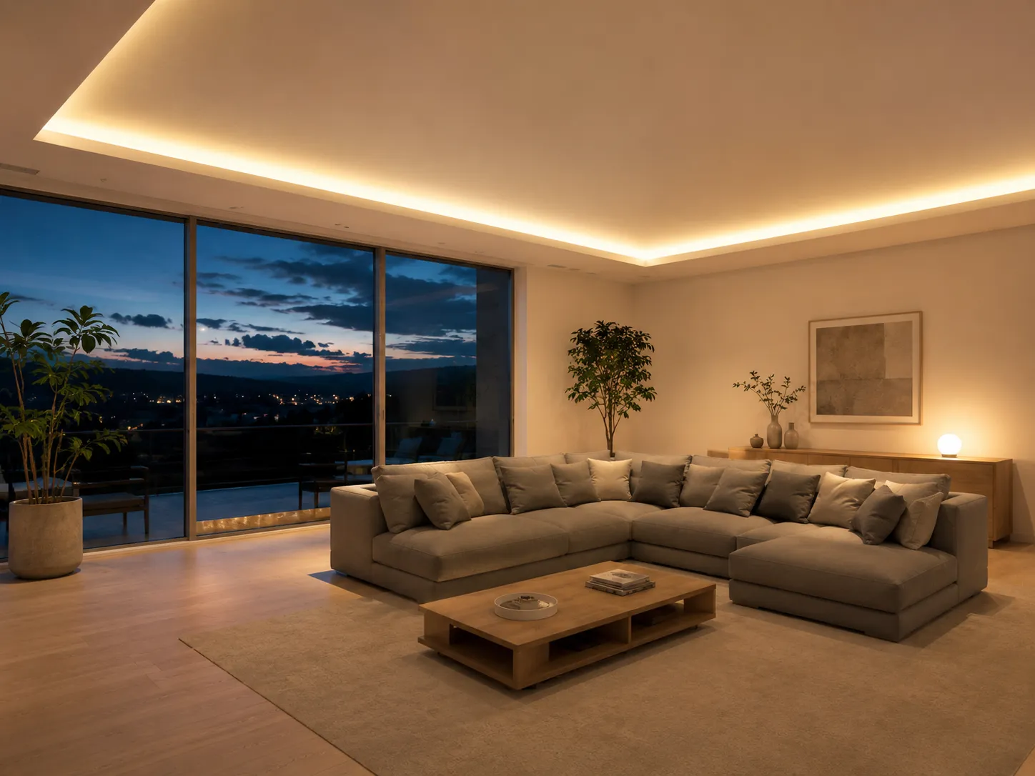 Wohnzimmer mit indirekter LED Deckenbeleuchtung Modernes Wohnzimmer mit indirekter warmweißer LED Voutenbeleuchtung