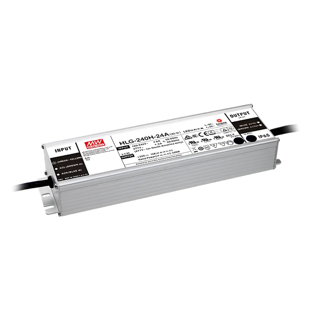 Mean Well HLG-240H-24A LED Netzteil mit 24V Konstantspannung, 240 Watt und Schutzart IP65, Typenschild mit Ausgangsdaten sichtbar