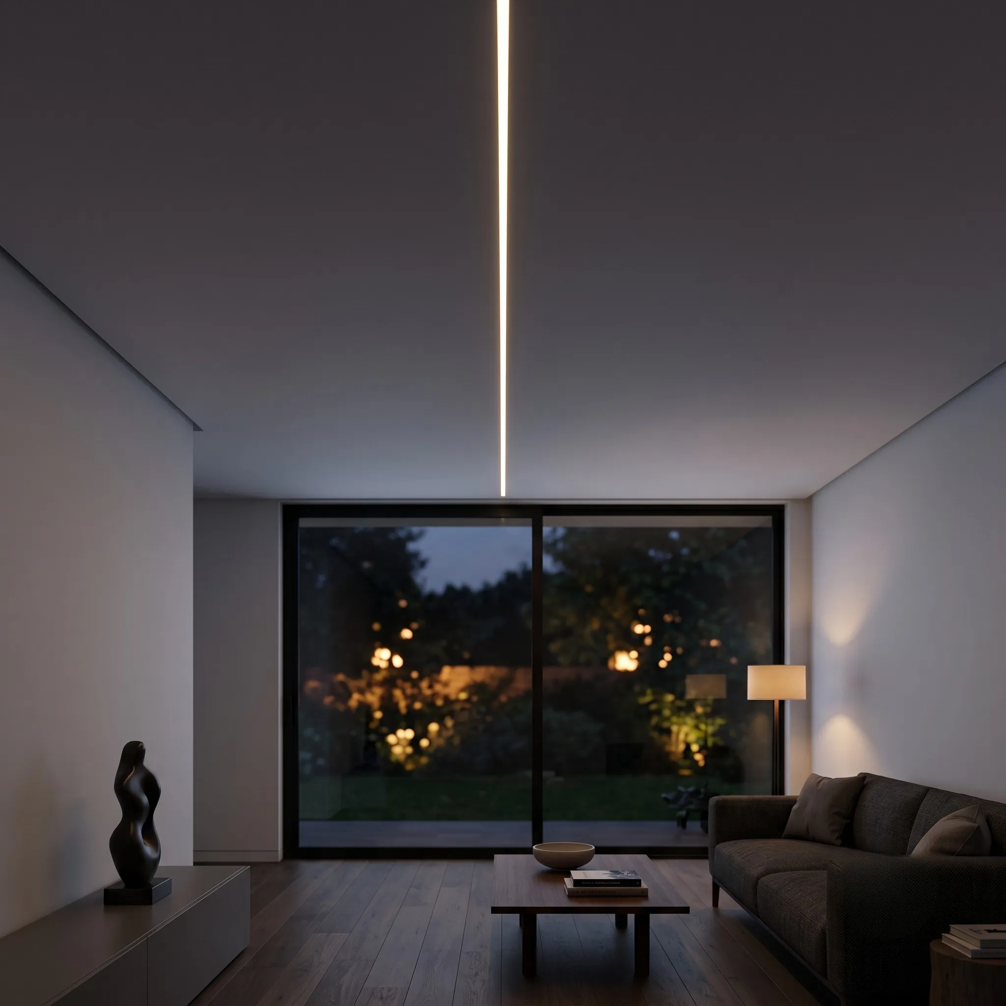 Elegantes Wohnzimmer mit dunkelbraunen Holzwänden, anthrazitfarbenem Sofa und einer hellen, umlaufenden Voutenbeleuchtung als primäre Lichtquelle.