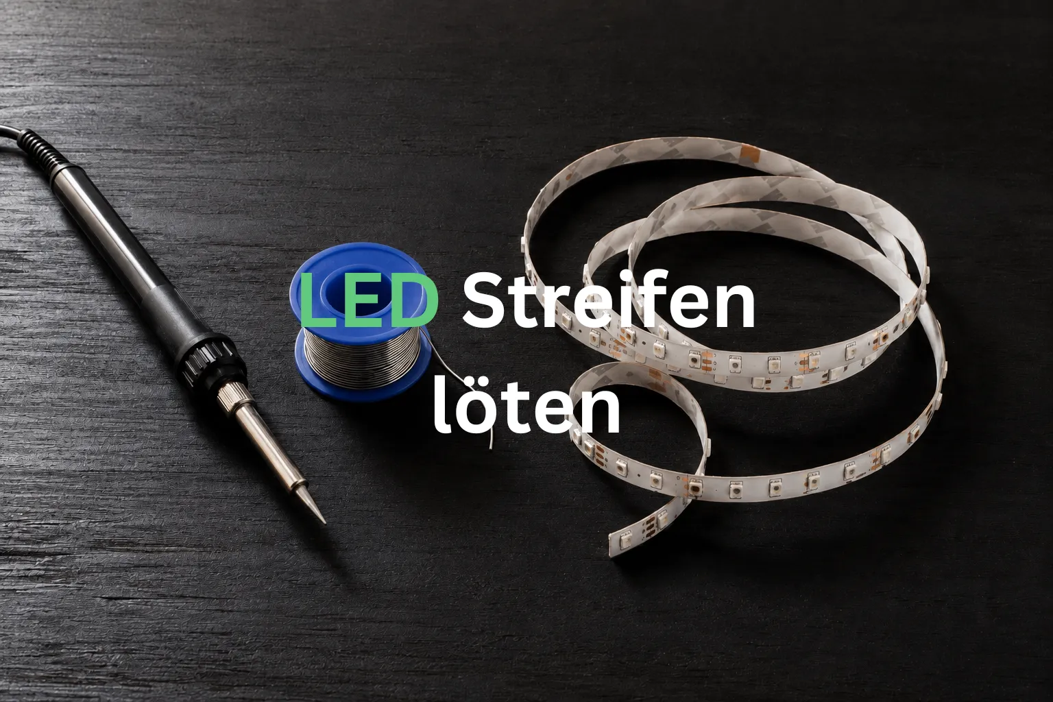 Lötkolben, Lötzinn und LED Streifen auf dunkler Werkbank als Symbolbild für das Löten von LED Streifen
