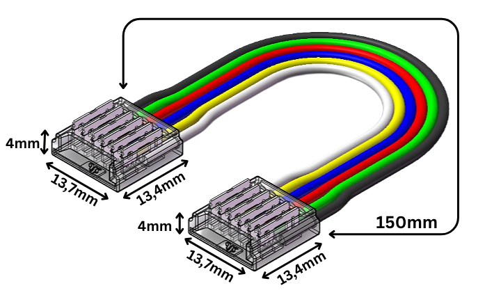 RGBCCT LED Strip-Verbinder mit 15 cm Kabel – lötfrei – für 12 mm 6-poliger SMD LED Streifen – SK-LED LED Strip-zu-Strip Verbinder – 6-polig, 12 mm, lötfrei – mit 15 cm Verbindungskabel für RGBCCT SMD LED Streifen – SK-LED