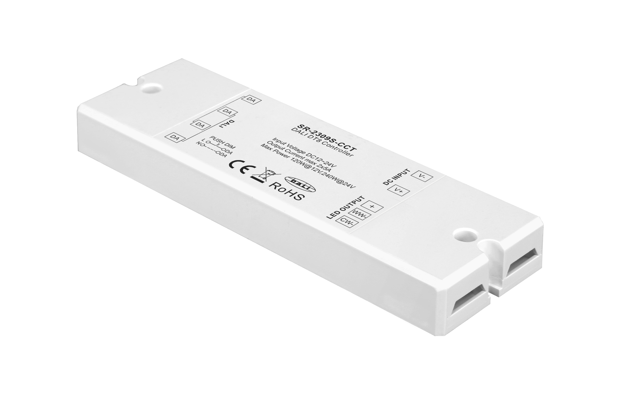 SR-2309S-CCT LED-Dimmer 2-Kanal (12–24 V, 5 A/Kanal) für Konstantspannung, DALI DT8 & Taster-Dimmung