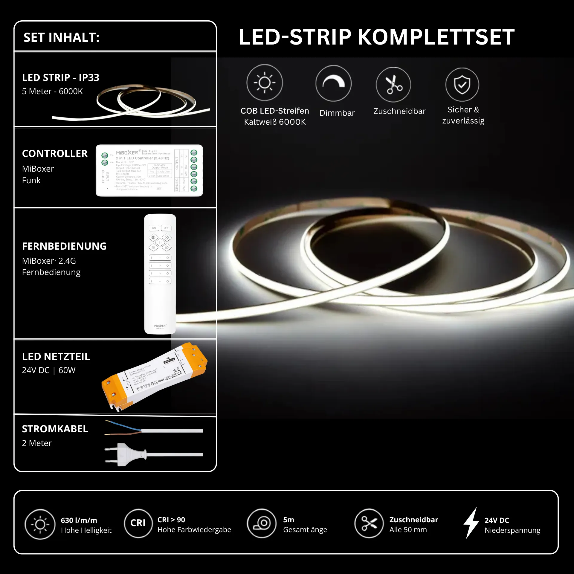 LED Streifen Set Einfarbig COB Schmal – 5 mm COB LED Streifen 24V, punktfrei, 7 W/m, 5m, Kaltweiß 6000K, CRI 90 – SS60 Netzteil, SR2 Funk-Controller & C1 Fernbedienung Weiß