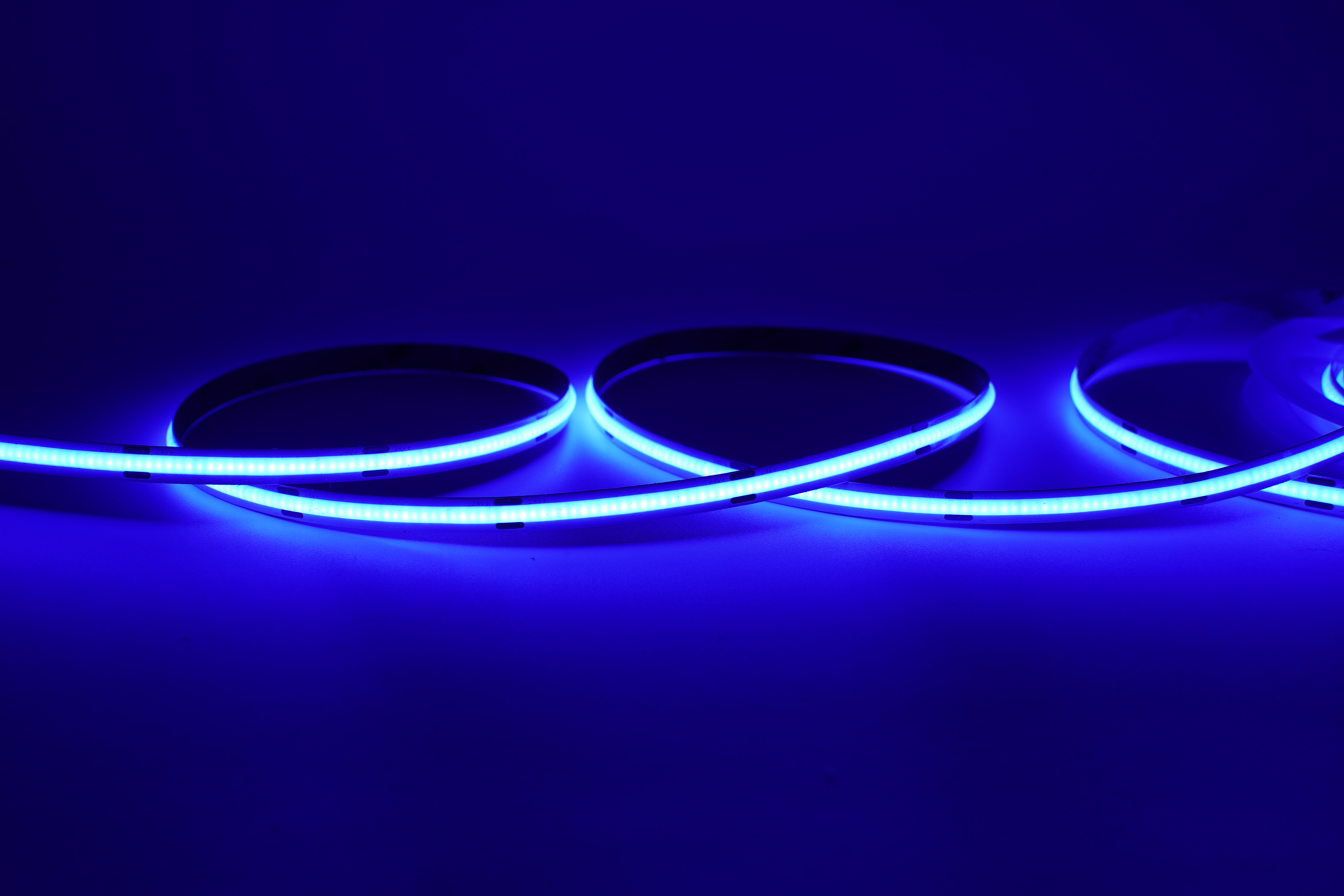 COB LED Streifen 24V einfarbig blau mit 480 LEDs pro Meter und gleichmäßigem, punktfreiem Lichtbild