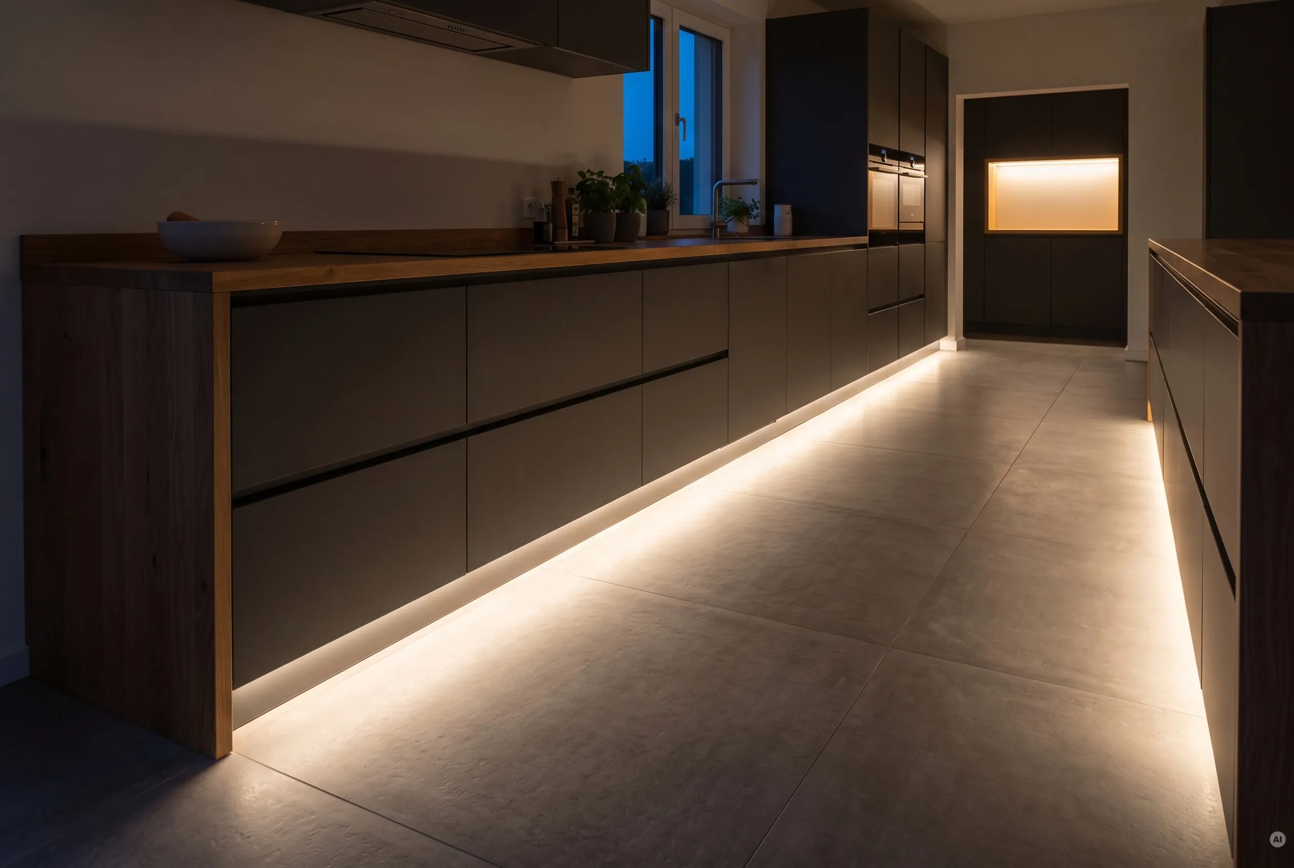 Moderne anthrazitfarbene Küchenzeile am Abend mit einer durchgehenden warmweißen LED-Sockelbeleuchtung, die den Fliesenboden sanft ausleuchtet.