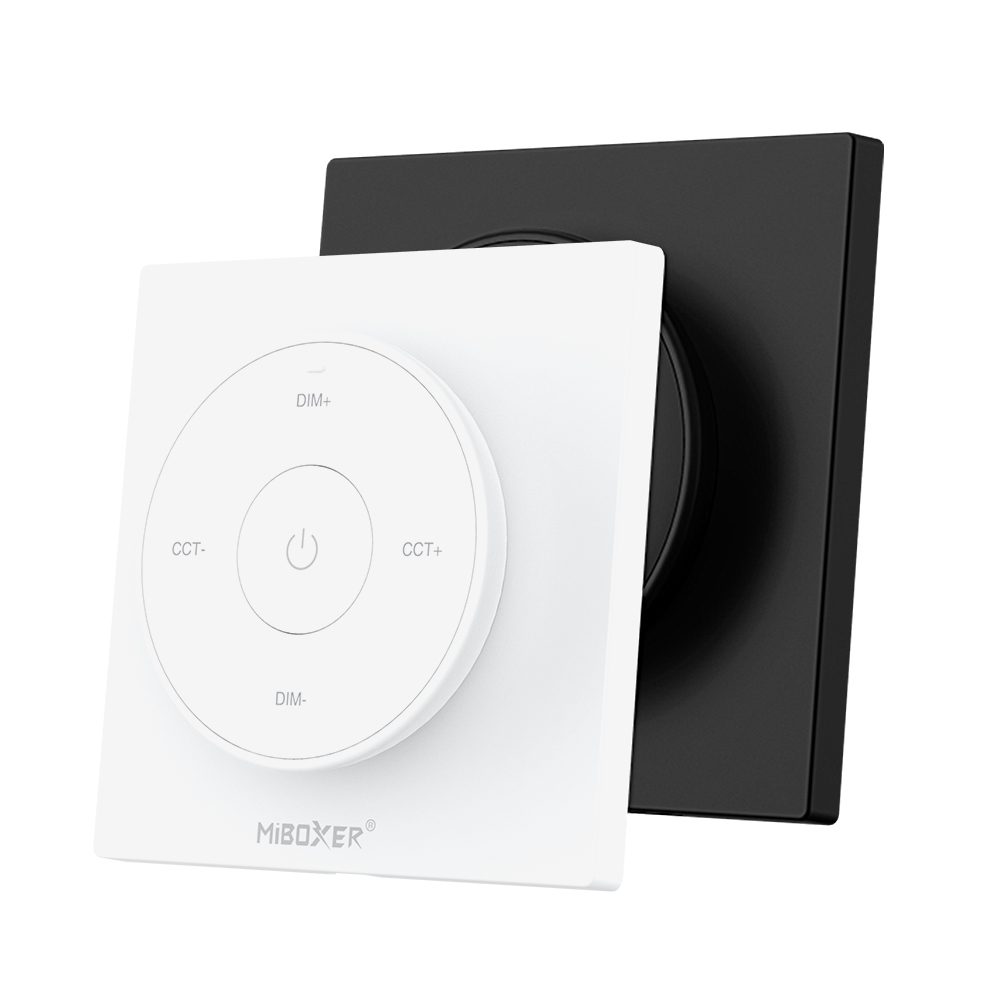 MiBoxer K2 Mini CCT Funkfernbedienung in Schwarz und Weiß im Vergleich – beide Farbvarianten der 2,4 GHz Wandfernbedienung für 1 Zone