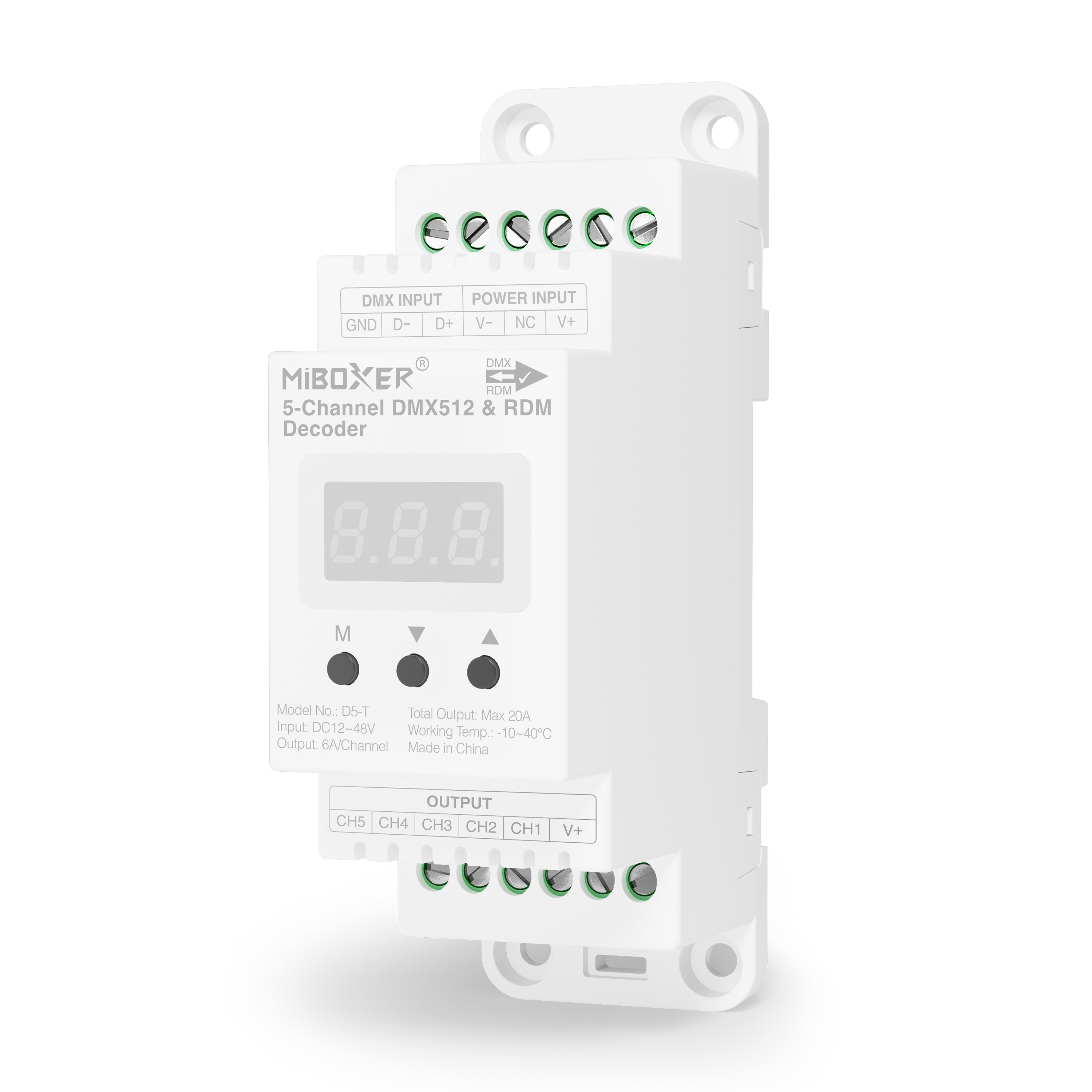 MiBoxer D5-T 5-Kanal DMX512/RDM LED-Decoder für Hutschiene, 12–48V, 5x6A (max.20 A), Konstantspannung