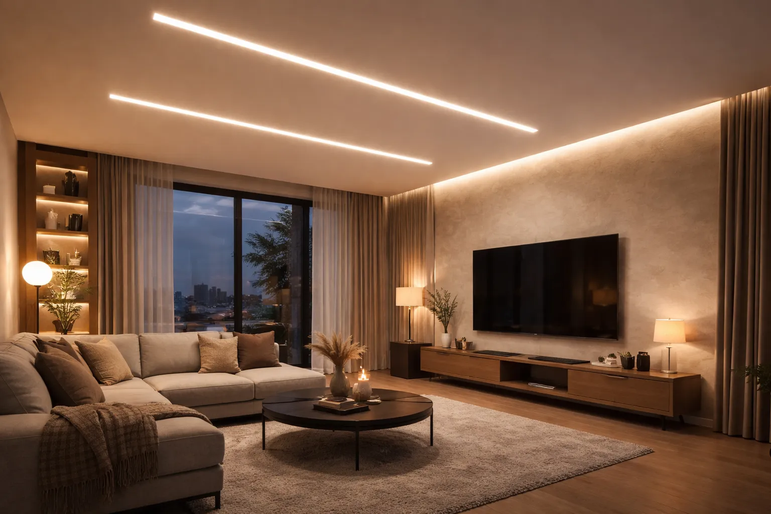 Indirekte Wohnzimmerbeleuchtung mit LED Streifen – Linienlicht an Decke und TV Wand Wohnzimmer mit LED Streifen indirekter Beleuchtung an Decke und TV Wand mit modernem Linienlicht und warmweißem Licht