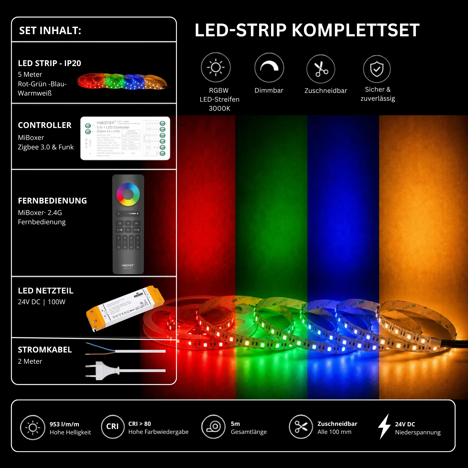 LED Streifen Set RGBW – SMD LED Streifen 24V, 60 LEDs/m, 4-in-1, 18 W/m, 953 lm/m, 5m, RGB + Warmweiß 3000K, CRI 80 – SS100 Netzteil, SZ5 Zigbee 3.0 Controller & C5 Fernbedienung Schwarz