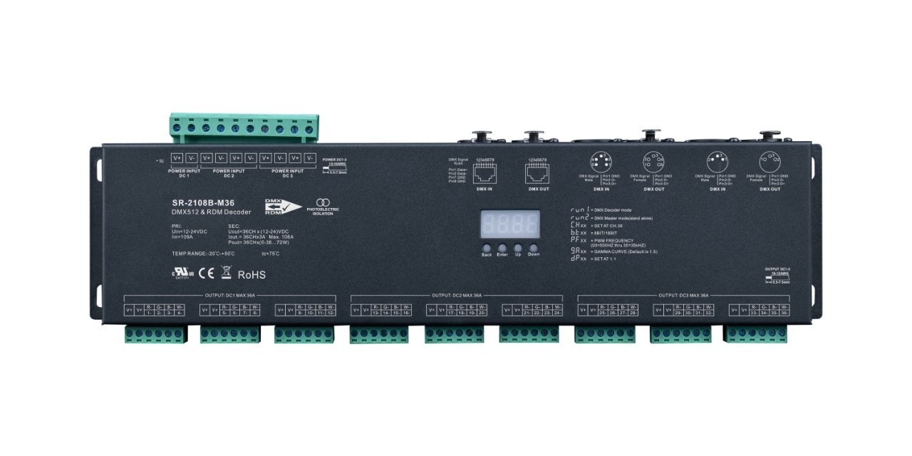 SR-2108B-M36 DMX512 LED Controller – 36-Kanal, 3A/Kanal, RDM, 16-Bit PWM, 12–24 V, Master/Slave