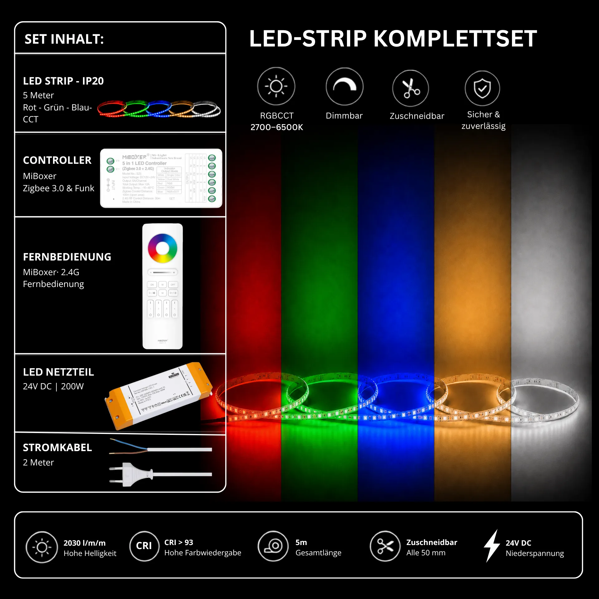 LED Streifen Set RGBCCT – RGBCCT LED Streifen 24V, 5-in-1, 33 W/m, 2030 lm/m, 5m, RGB + 2700-6500K – SNP-200 Netzteil, SZ5 Zigbee 3.0 Controller & C5 Fernbedienung Weiß