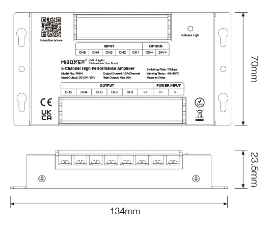 Technische Zeichnung 5-Kanal LED Verstärker mit Anschlussbelegung und Abmessungen