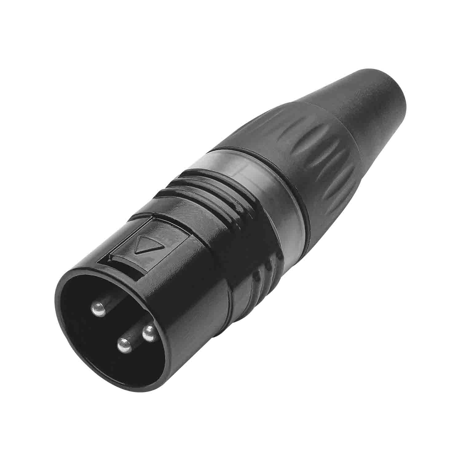 HICON XLR Stecker 3-polig Male – robustes schwarzes Metallgehäuse mit versilberten Kontakten und 3-Backen-Zugentlastung. Ideal für professionelle DMX-, Audio- und Bühnenverkabelung – SK-LED