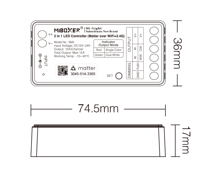MiBoxer SM2 – Anschlussseite mit 2-Kanal Schraubklemmen und Push Dimming | SK-LED MiBoxer SM2 Matter LED Controller Anschlussseite – 2-Kanal Schraubklemmen für Eingang 12–24V und Ausgang einfarbig oder CCT LED Streifen, Push Dimming Eingang