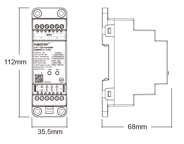 MiBoxer TZ5 LED-Controller für Hutschiene technische Zeichnung mit Abmessungen 112 mm x 35,5 mm x 68 mm Art. 23003